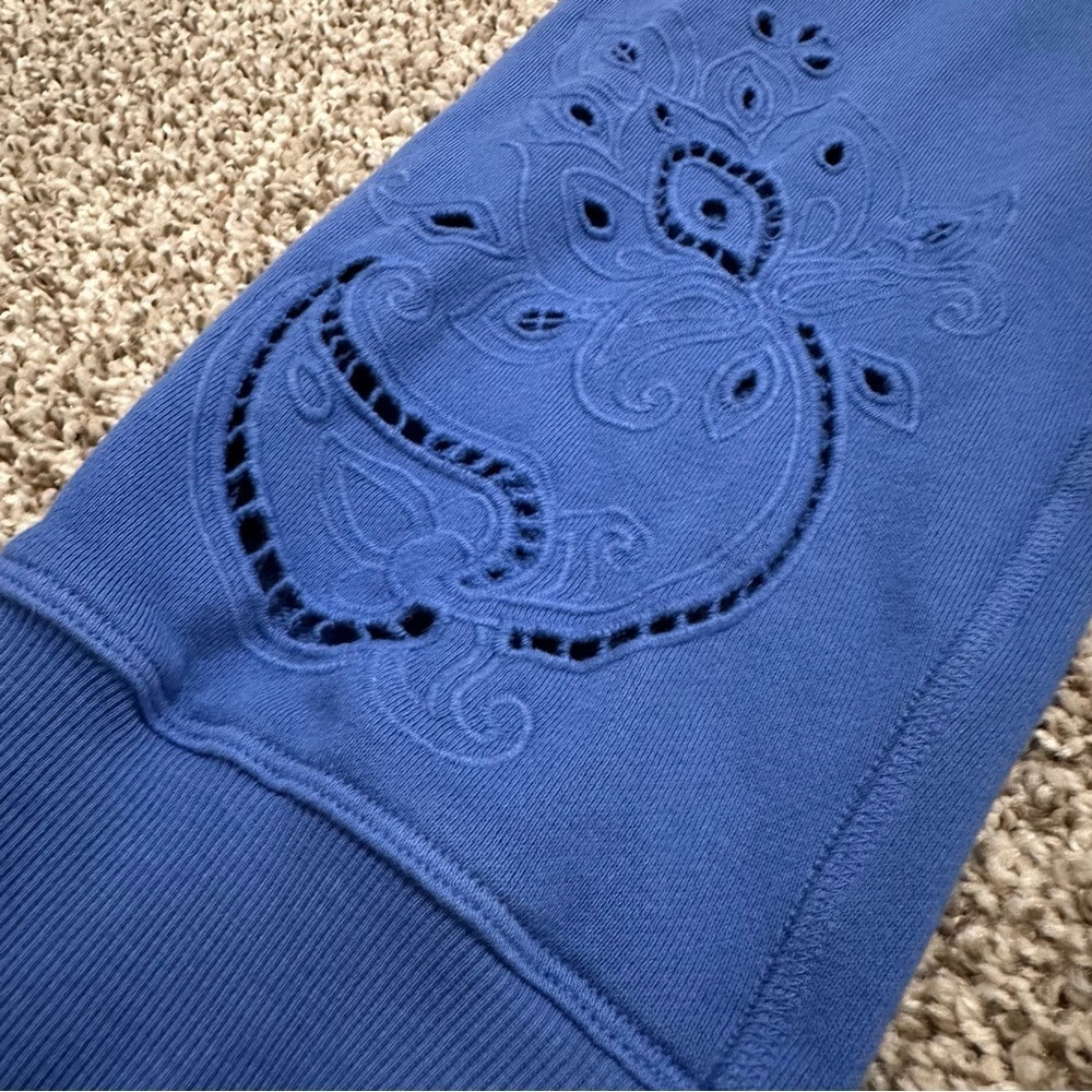 Johnny Was Embroidered Lace Laser Cutout Blue Sweatpants Joggers, Size Large